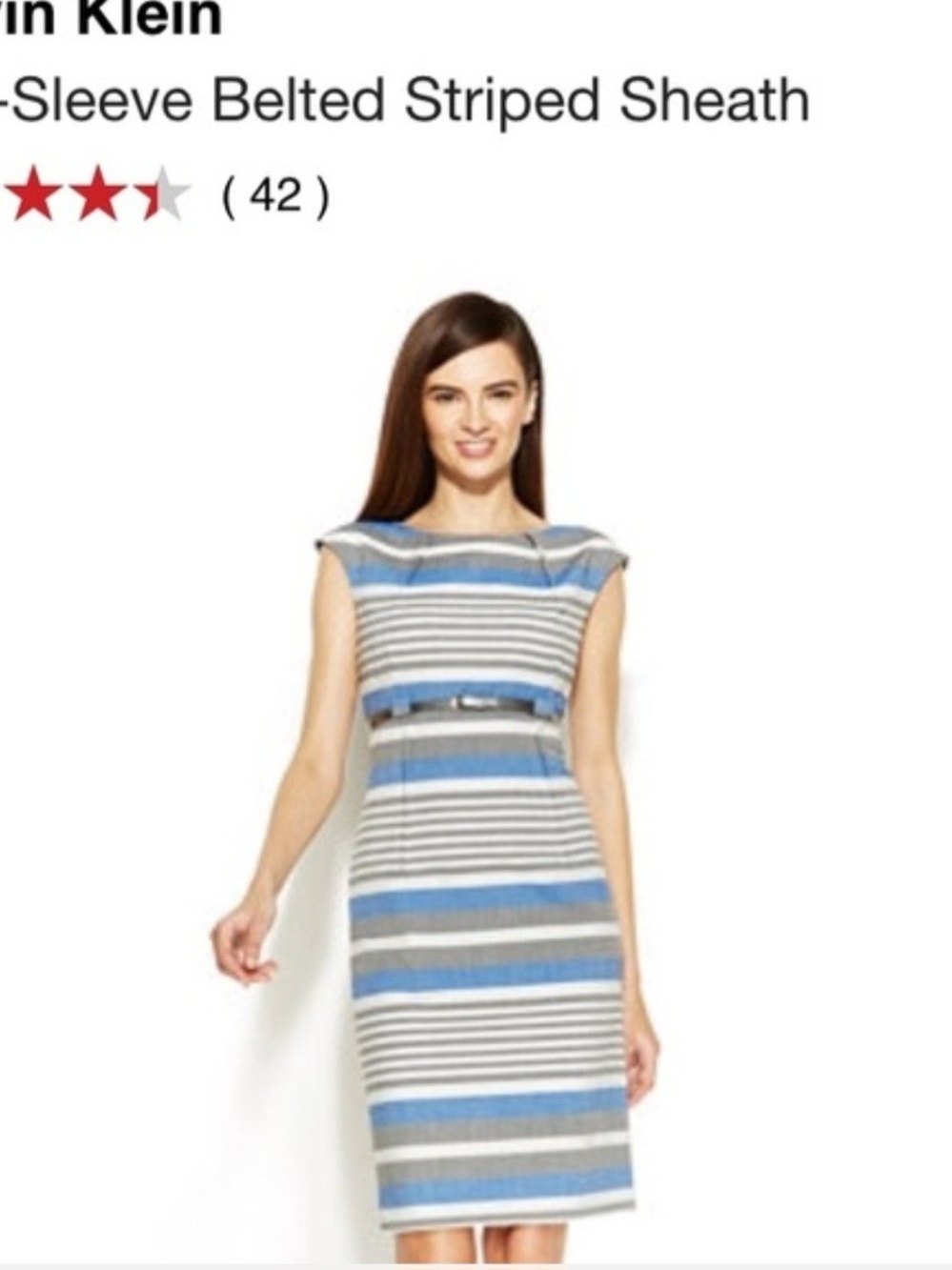 Calvin Klein Size 4 Blue Gray Striped Belted Sheath Midi Dress NWOT